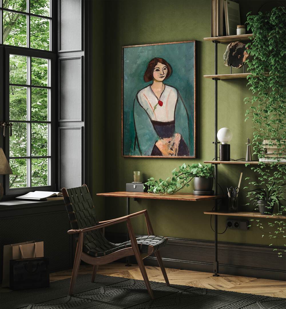 WOMAN IN GREEN WITH A CARNATION , VINTAGE PAINTINGS
