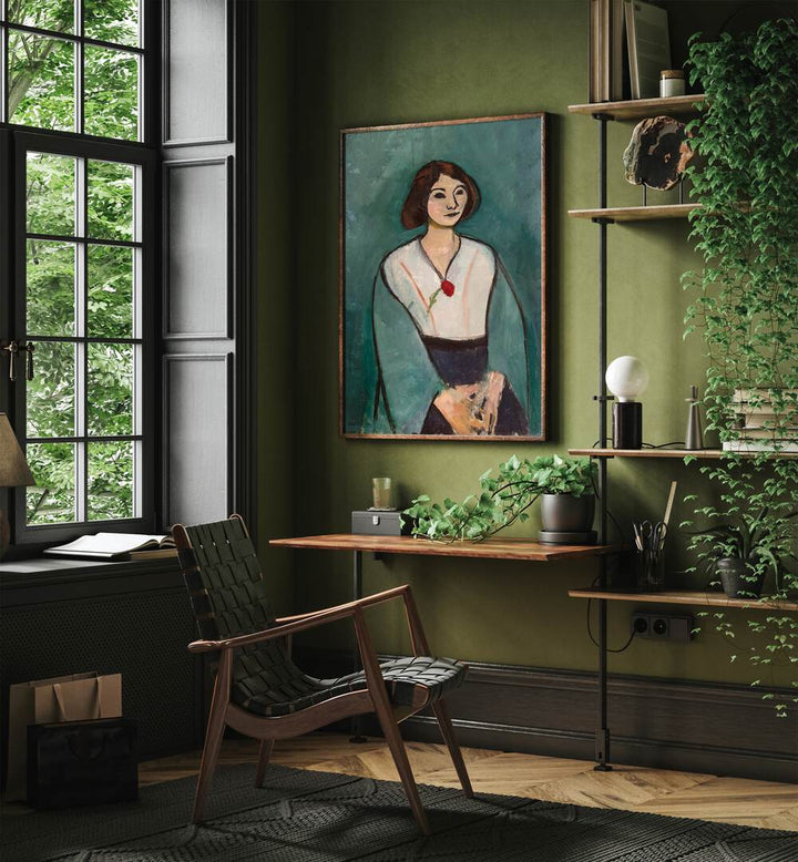 WOMAN IN GREEN WITH A CARNATION , VINTAGE PAINTINGS