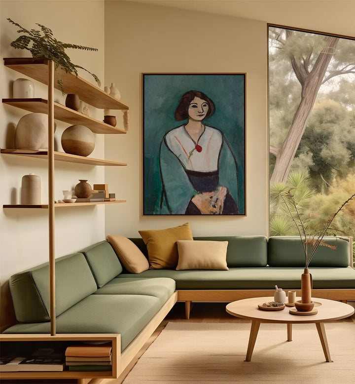WOMAN IN GREEN WITH A CARNATION , VINTAGE PAINTINGS