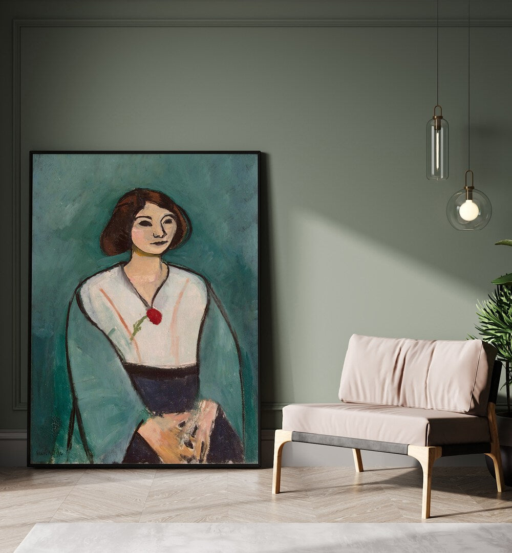 WOMAN IN GREEN WITH A CARNATION , VINTAGE PAINTINGS