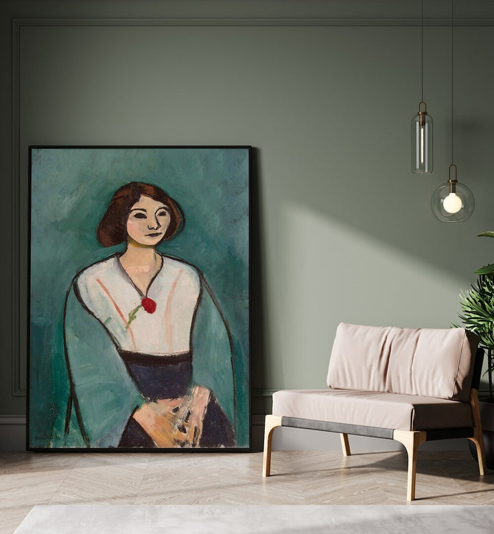 WOMAN IN GREEN WITH A CARNATION , VINTAGE PAINTINGS