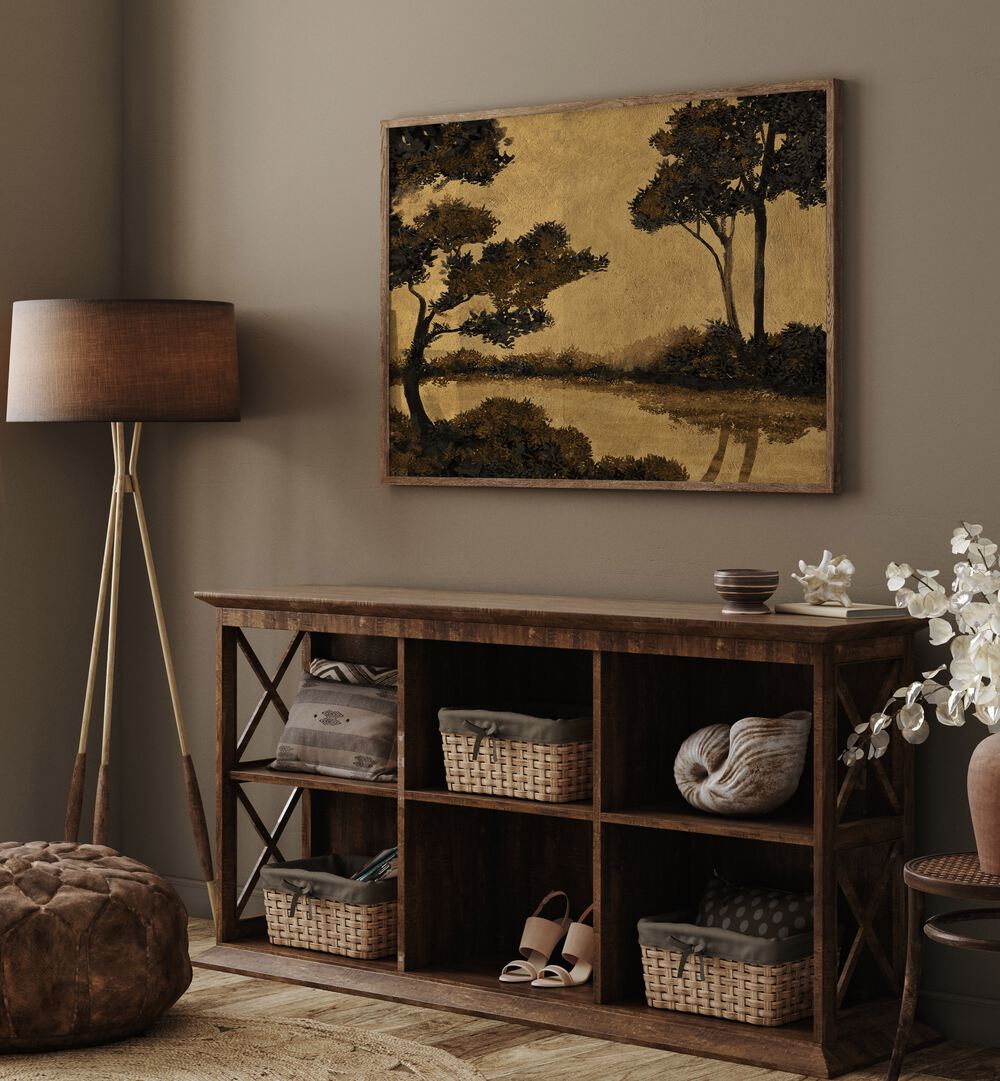 Serene WOOLAND POND, LANDSCAPE PAINTINGS enhancing a cozy interior with tranquil woodland beauty.