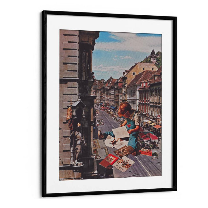 Surreal art print "WORK ON TIME" by Space Rocket Art, featuring a whimsical scene with a child reading.