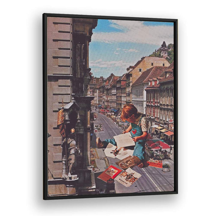 Surreal art print "WORK ON TIME" by Space Rocket Art features a whimsical scene of a child reading by the window.