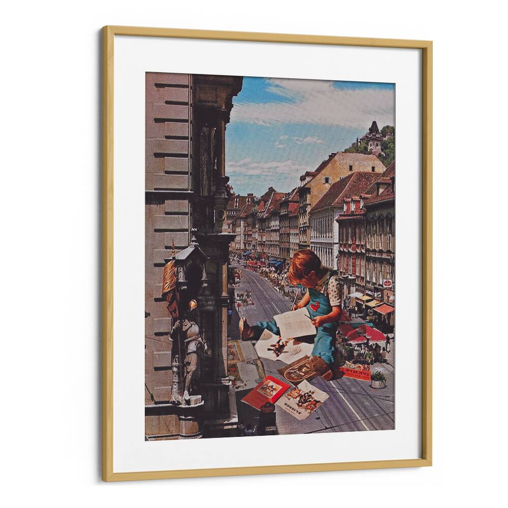 Surreal art print "WORK ON TIME" framed, showcasing creativity and imagination by Space Rocket Art. Perfect for any space.