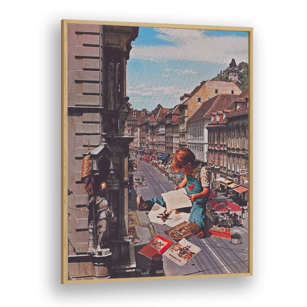 Surreal art print "WORK ON TIME" by Space Rocket Art, showcasing imaginative creativity framed in oak wood.