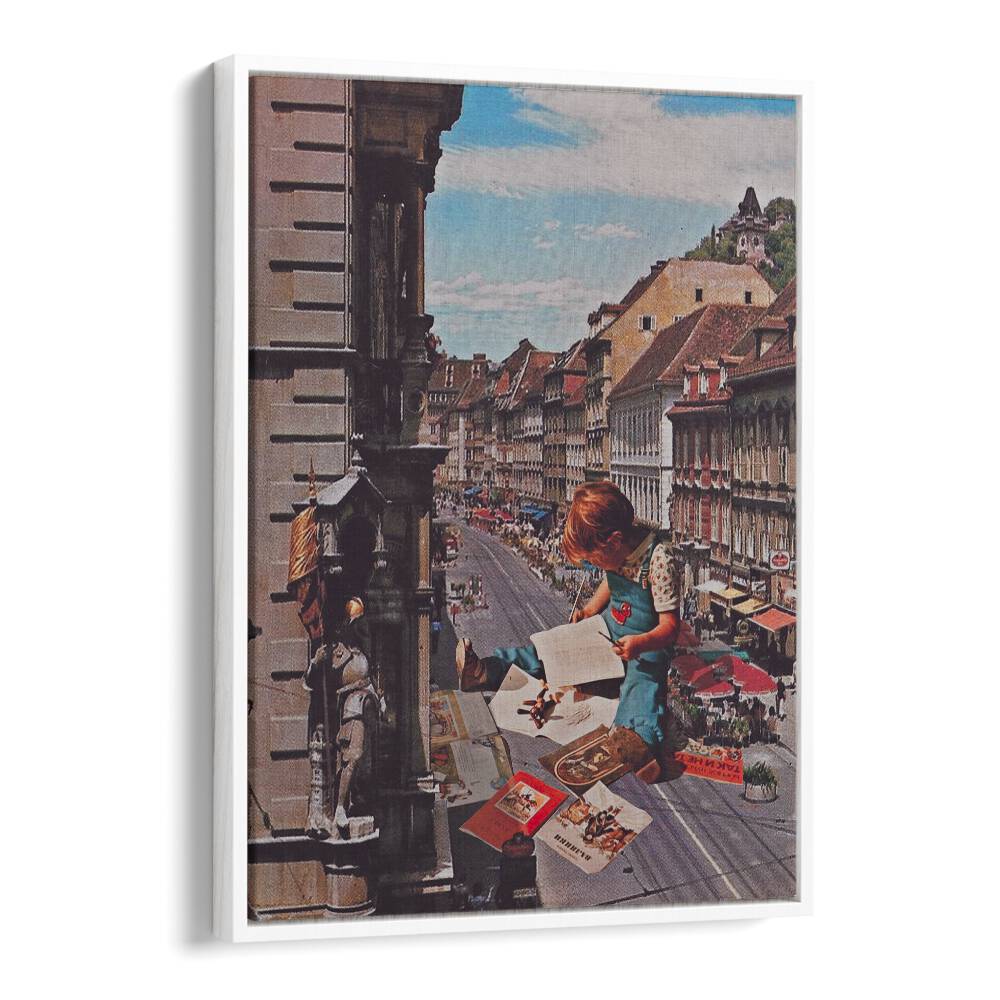 Whimsical scene featuring the "WORK ON TIME, SURREAL ART PRINTS" by Space Rocket Art on premium canvas.