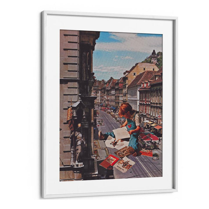 Surreal art print "WORK ON TIME" by Space Rocket Art, featuring a whimsical child reading amidst a vibrant cityscape.