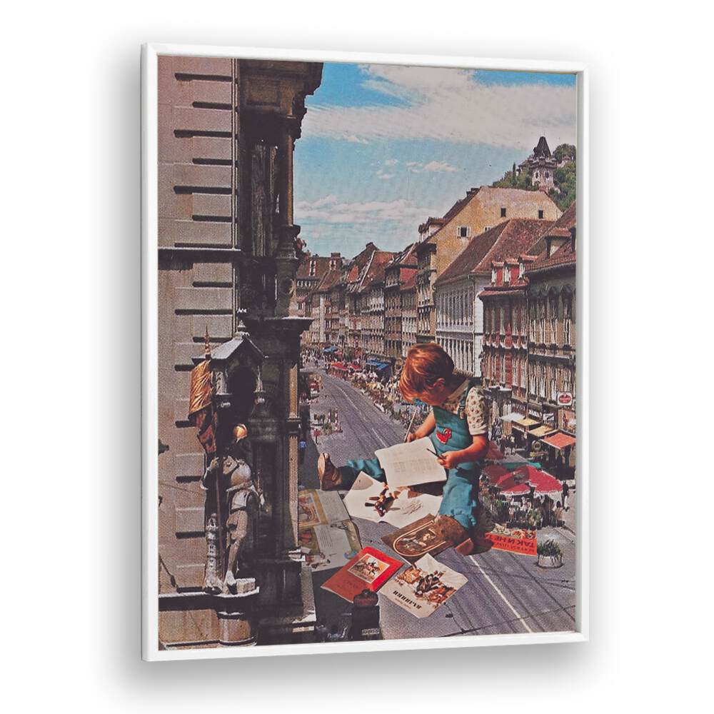 Surreal art print "WORK ON TIME" by Space Rocket Art captures imagination with a whimsical child reading by a window.