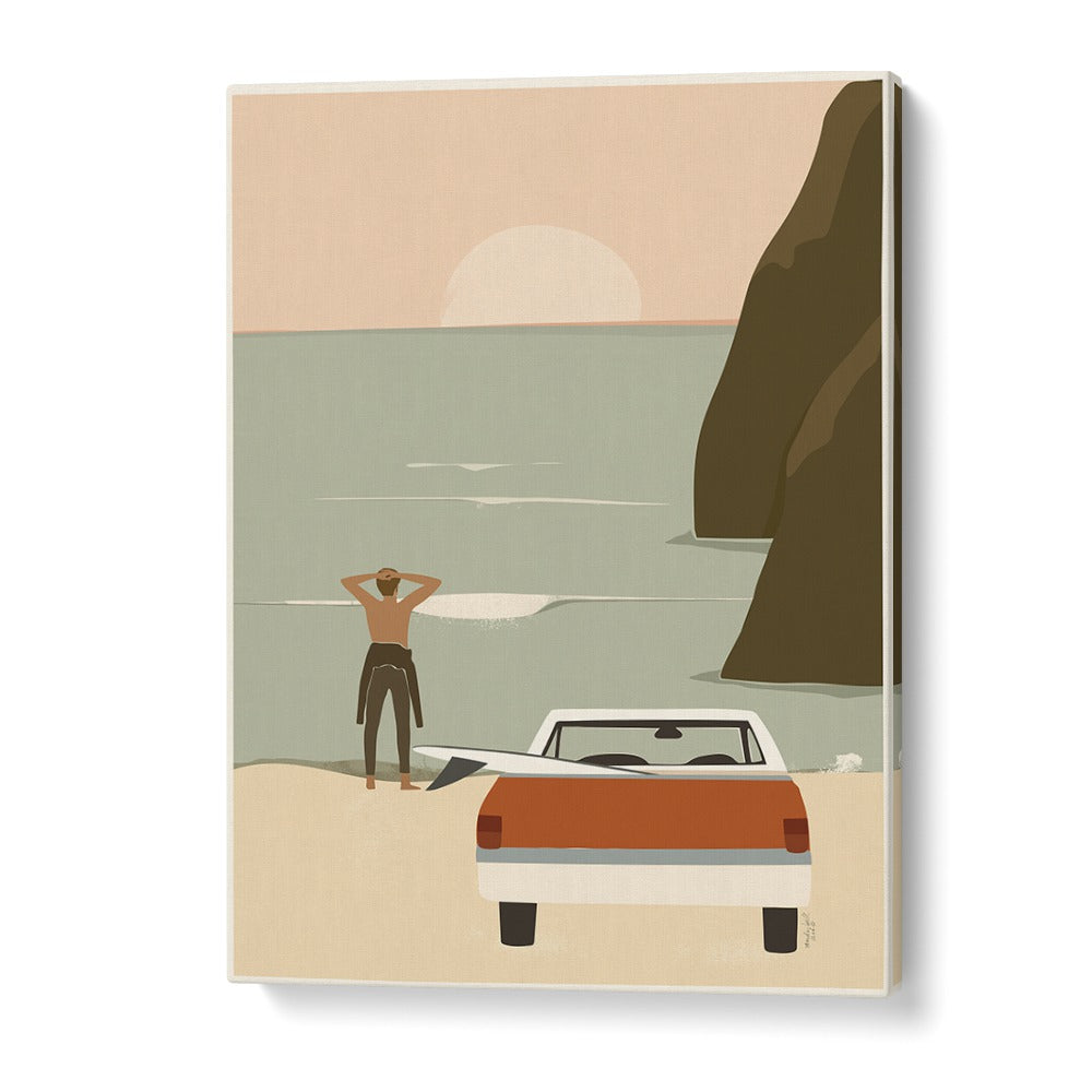 Serene scene of a surfer by the shore, showcasing WAITING FOR THE WAVE, BEACH PAINTINGS by Andi Bell.