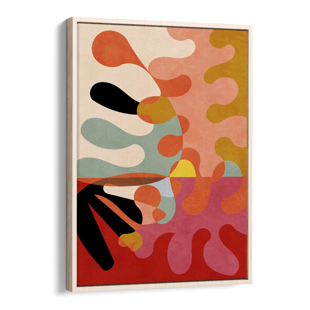 Warm Colors GEO V, abstract paintings by Ana Rut Bre showcase a vibrant Bauhaus design in a stylish floater frame.