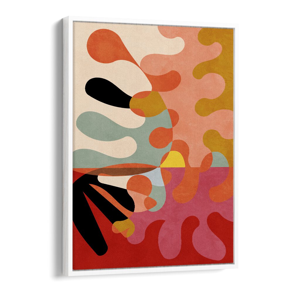 Warm Colors GEO V, abstract paintings showcasing vibrant shapes and hues by Ana Rut Bre in a stylish white frame.