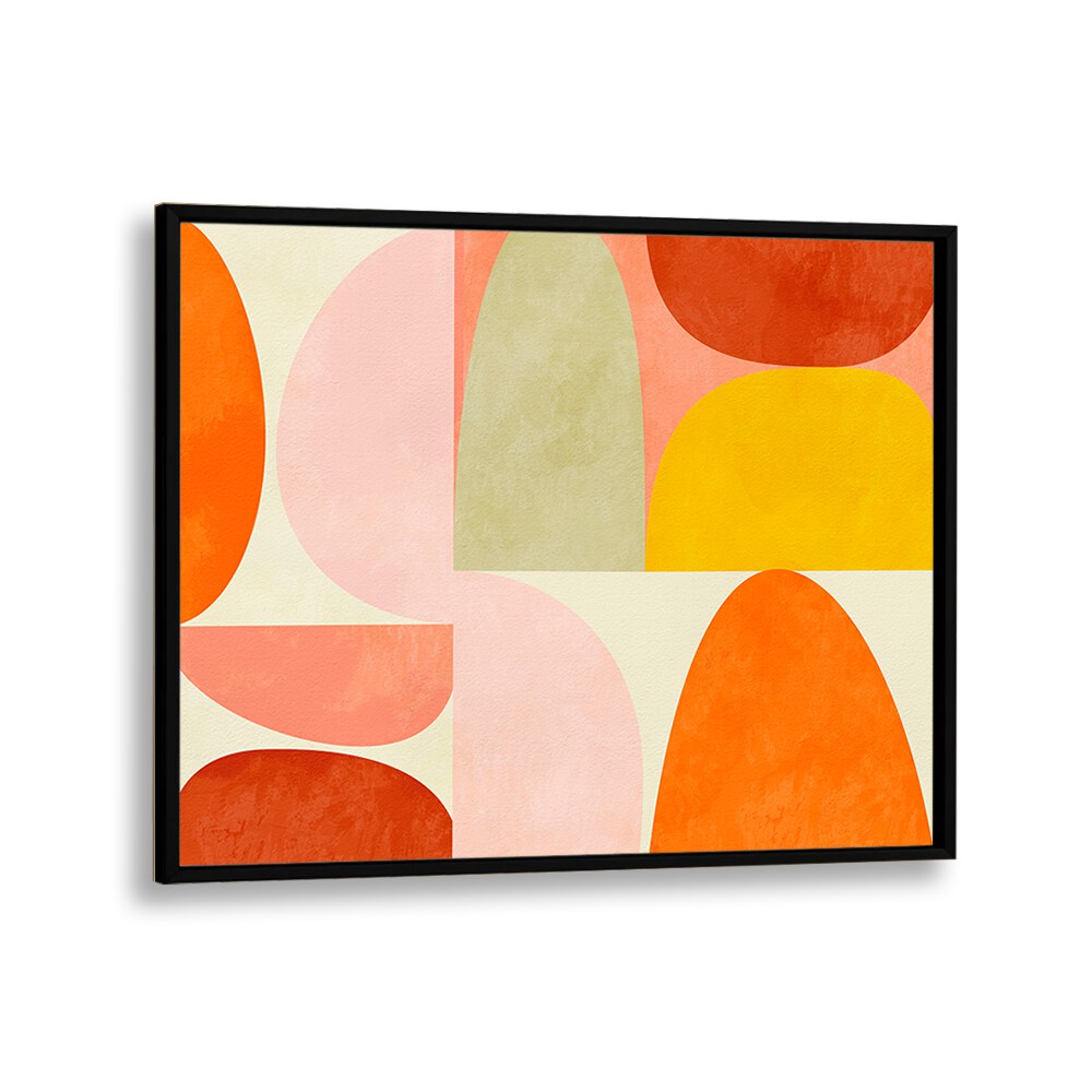 Warm Pastel Geometry, abstract paintings by Ana Rut Bre, featuring vibrant shapes in a sleek black frame.
