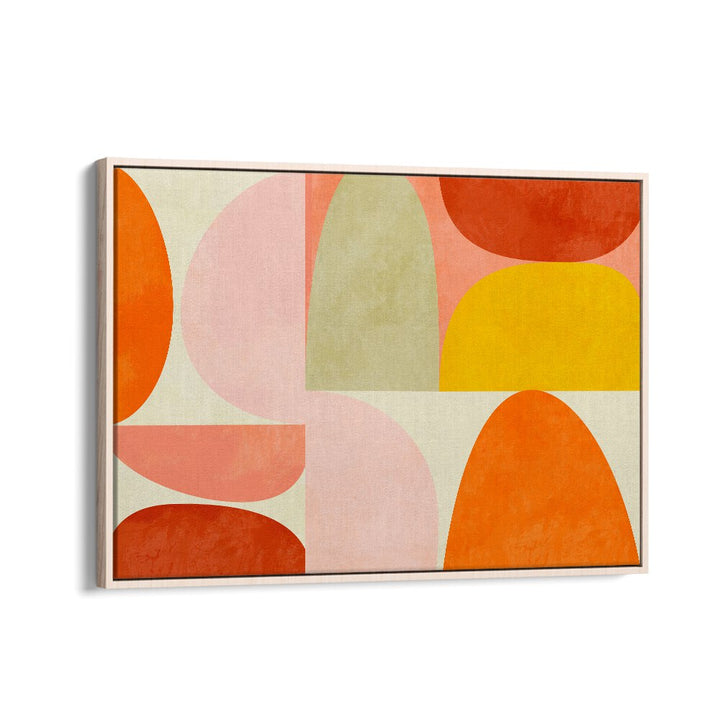 Warm Pastel Geometry, abstract paintings by Ana Rut Bre, featuring vibrant shapes in a stylish oak frame.