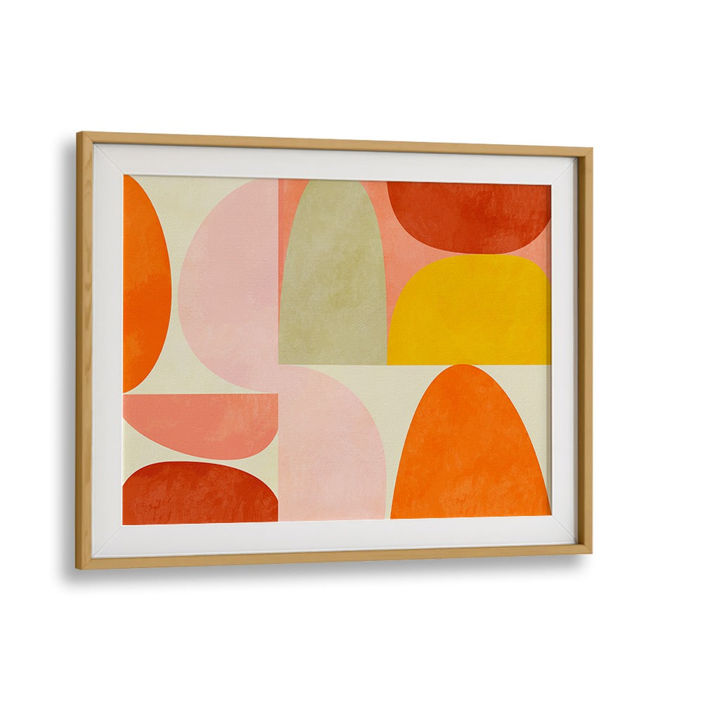 Warm Pastel Geometry, abstract paintings by Ana Rut Bre, feature vibrant shapes in a sleek oak frame, perfect for decor.