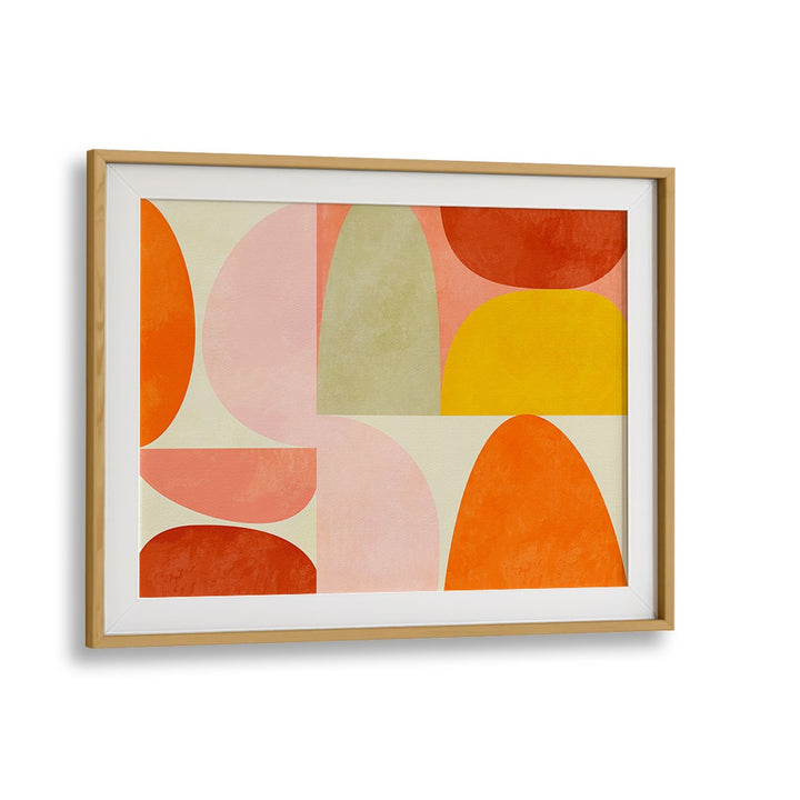 Warm Pastel Geometry, abstract paintings by Ana Rut Bre, feature vibrant shapes in a sleek oak frame, perfect for decor.