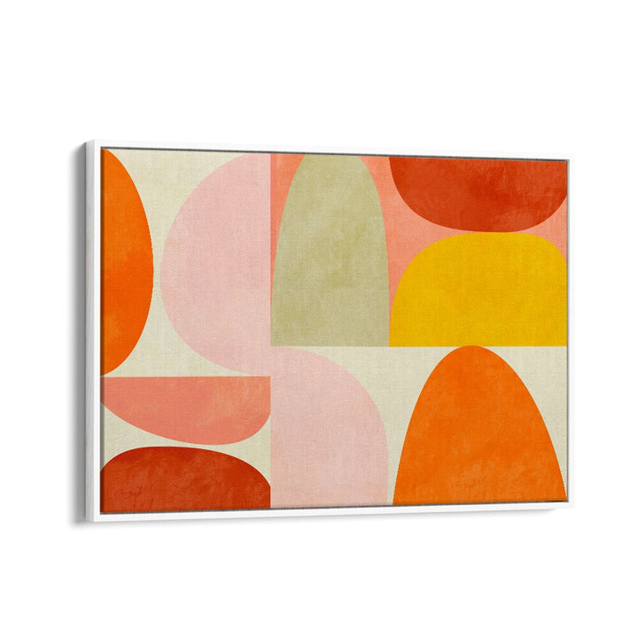 Warm Pastel Geometry, abstract paintings by Ana Rut Bre, showcase vibrant colors and geometric shapes in a stylish frame.