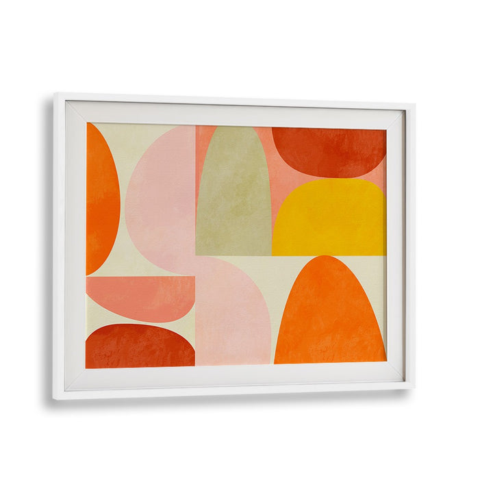 Warm Pastel Geometry, abstract paintings by Ana Rut Bre, featuring vibrant shapes in a stylish white frame.