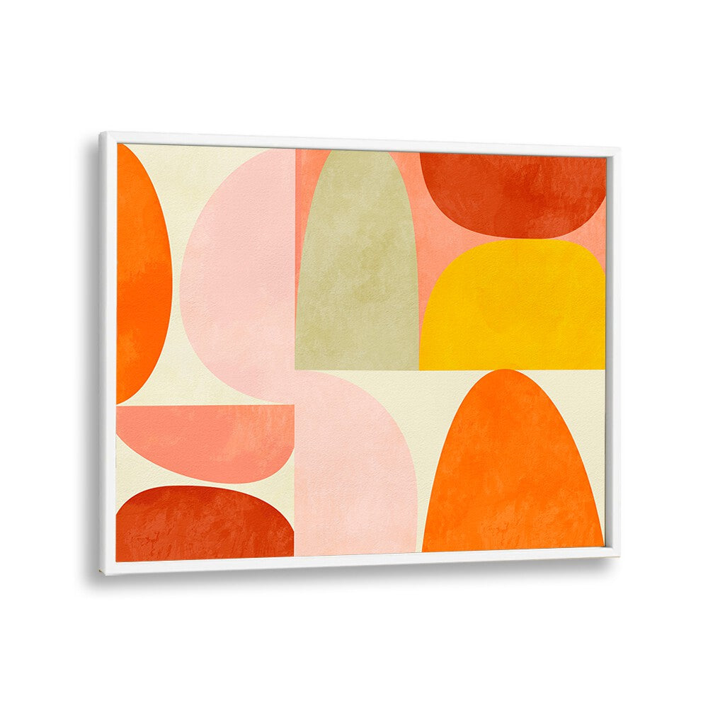 Warm Pastel Geometry, abstract paintings by Ana Rut Bre, feature vibrant shapes and colors in a stylish white frame.