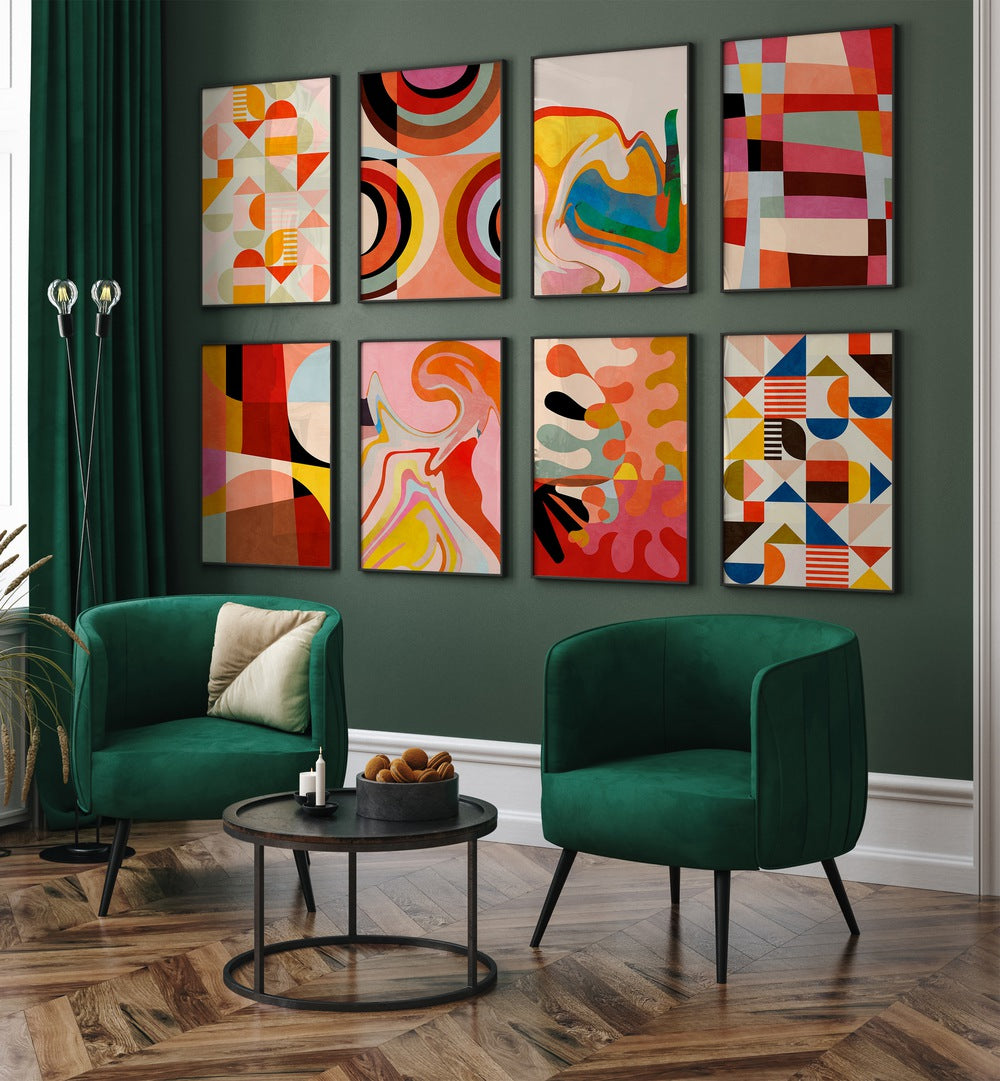 Stylish WARM COLORS BAUHAUS GALLERY WALL featuring geometric art pieces, perfect for modern GALLERY WALLS decor.