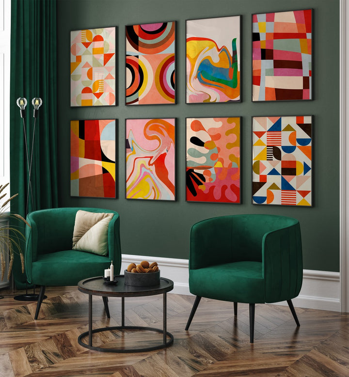 Stylish WARM COLORS BAUHAUS GALLERY WALL featuring geometric art pieces, perfect for modern GALLERY WALLS decor.