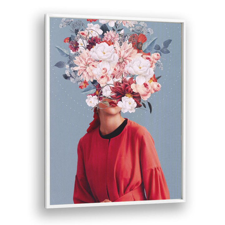 Surreal art print "We Gathered in Spring" by Frank Moth, showcasing vibrant floral imagery on a gray background.