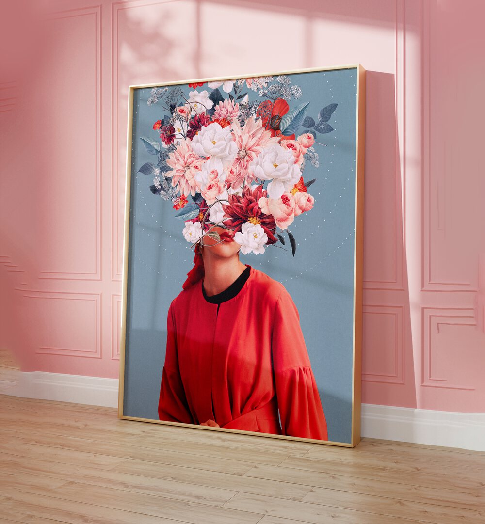 A stunning surreal art print titled "We Gathered in Spring" by Frank Moth, showcasing vibrant floral elements.