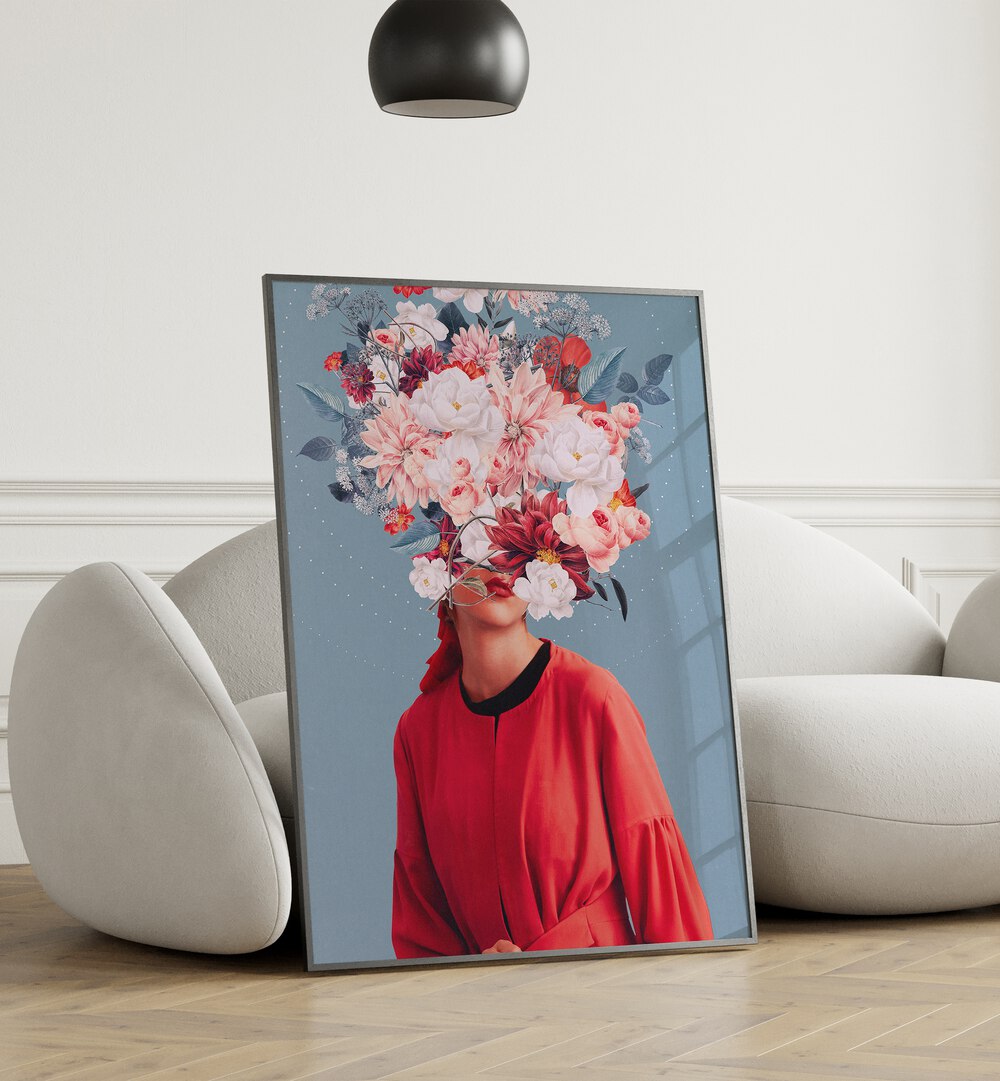 Stunning surreal art print "We Gathered in Spring" by Frank Moth, featuring vibrant flowers and a captivating figure.