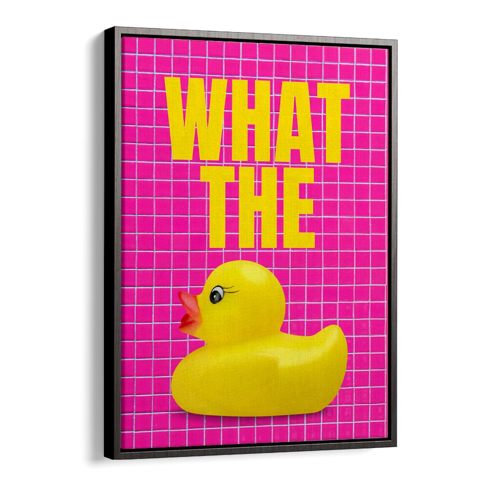 Bright pink poster featuring a rubber duck and the phrase "WHAT THE DUCK, QUOTES" for playful home decor.