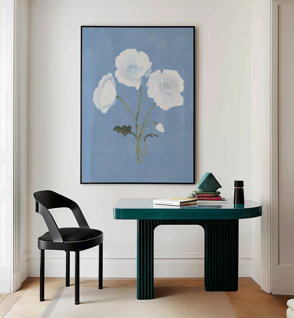 Elegant WHITE ON BLUE, FLORAL FLOWER PAINTINGS by Goed Blauw, showcasing serene botanical beauty in a modern space.