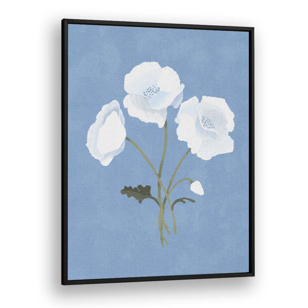 Elegant WHITE ON BLUE, FLORAL FLOWER PAINTINGS by Goed Blauw showcase serene white blooms on a calming blue background.