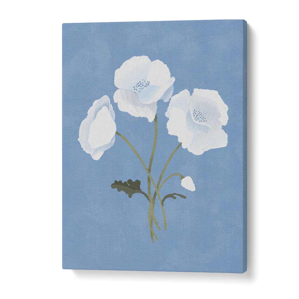 Elegant WHITE ON BLUE, FLORAL FLOWER PAINTINGS by Goed Blauw, showcasing serene white flowers on a calming blue backdrop.