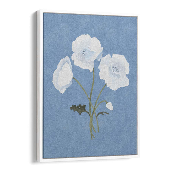 Elegant WHITE ON BLUE , FLORAL FLOWER PAINTINGS by Goed Blauw, showcasing serene white blooms on a tranquil blue background.