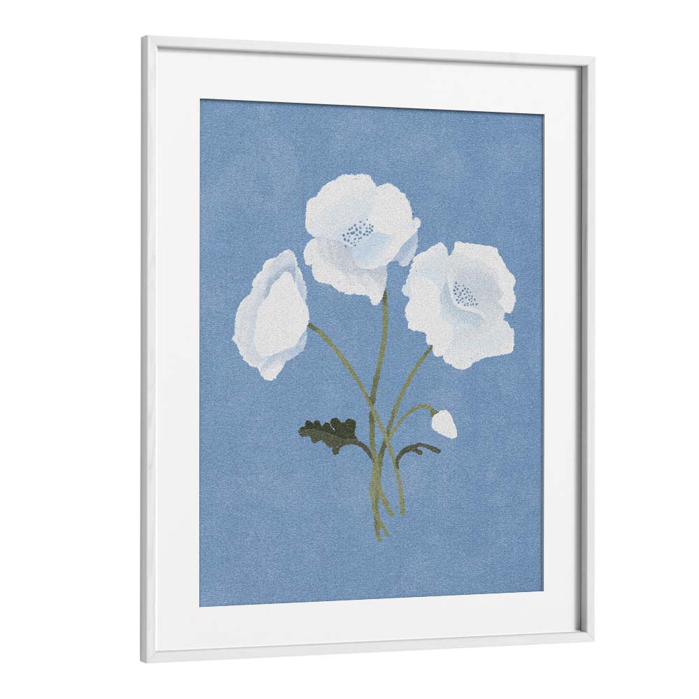 Elegant WHITE ON BLUE, FLORAL FLOWER PAINTINGS by Goed Blauw, featuring serene white flowers on a calming blue background.