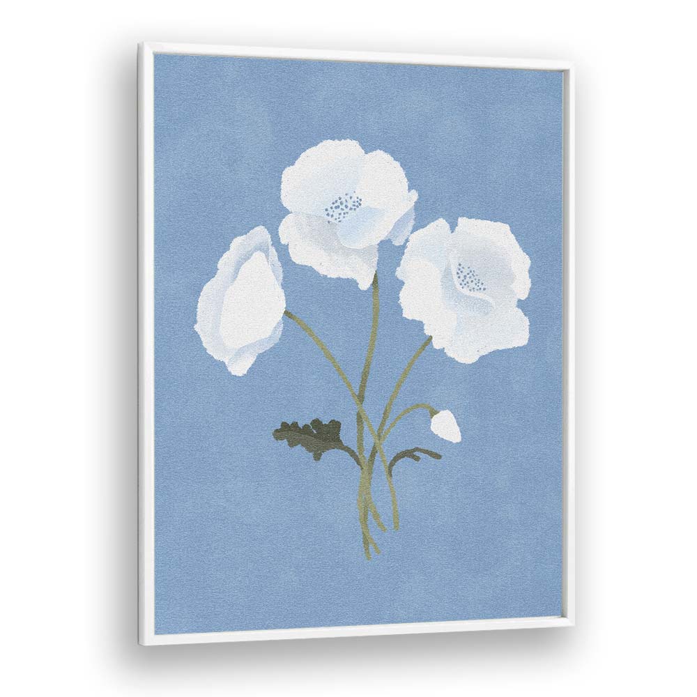 Elegant WHITE ON BLUE, FLORAL FLOWER PAINTINGS by Goed Blauw, featuring serene white blooms against a blue backdrop.