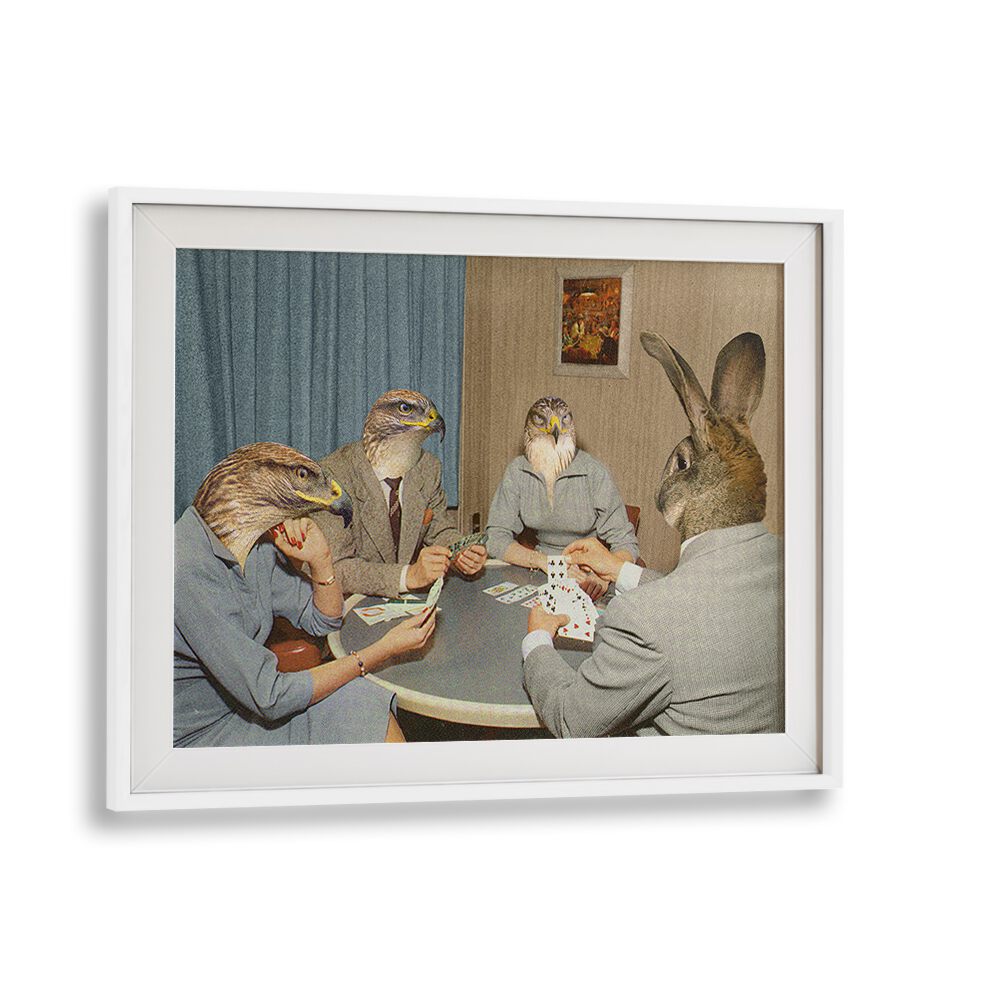 Surreal art print "ANIMAL RUMMY" by Vertigo Artography, blending whimsical animals in a playful card game scene.
