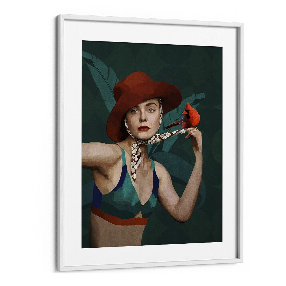 KARDINAL KUSLU KIZ , PORTRAITS by Emel Tunaboylu features a stylish woman with a cardinal, enhancing your space.