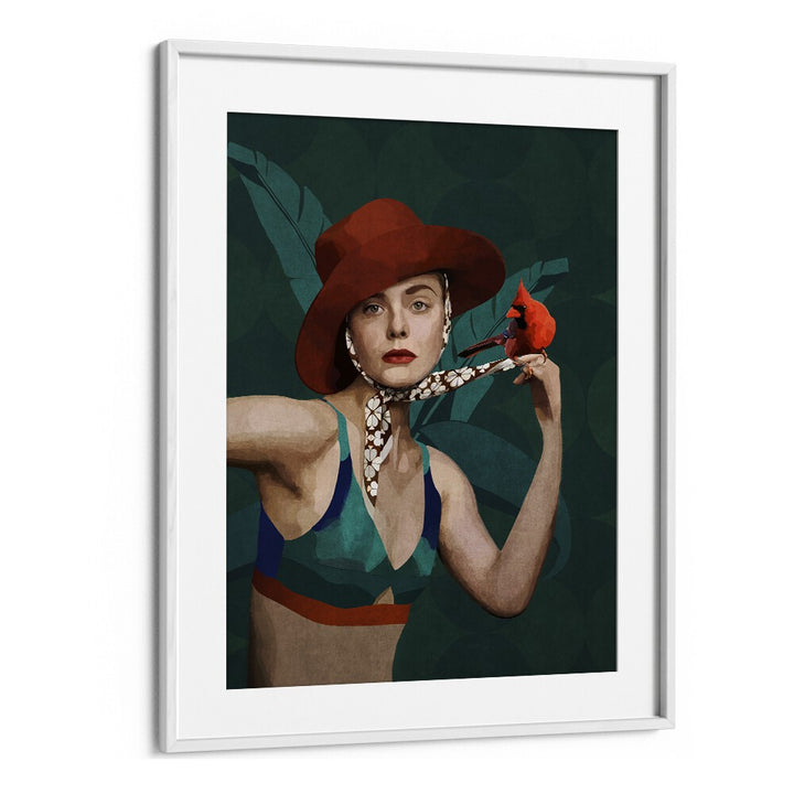 KARDINAL KUSLU KIZ , PORTRAITS by Emel Tunaboylu features a stylish woman with a cardinal, enhancing your space.