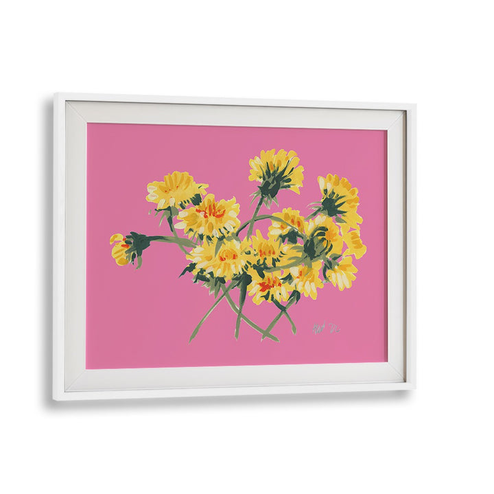YELLOW DANDELIONS ON PINK , FLORAL FLOWER PAINTINGS
