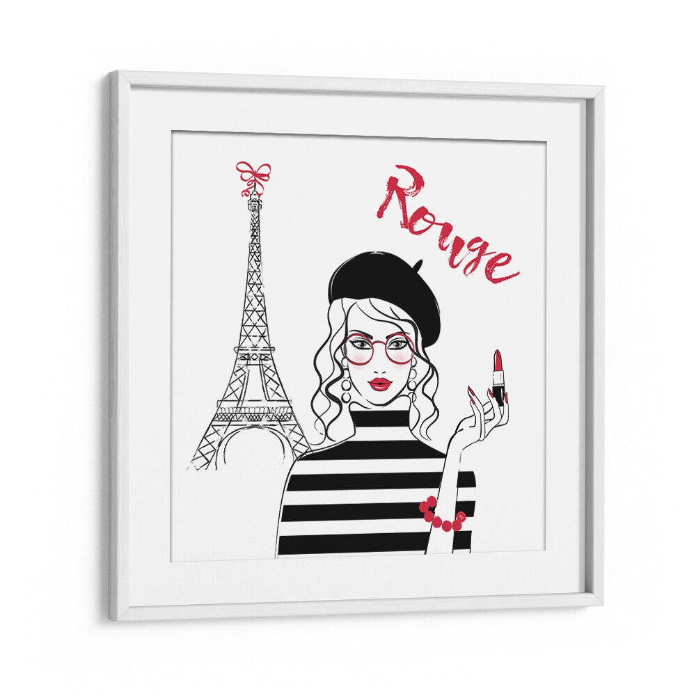 Elegant ROUGE, FASHION POSTERS featuring a chic woman with the Eiffel Tower, perfect for your stylish decor.