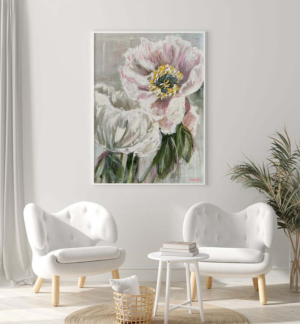Delicate white and pink flowers in a stunning floral painting, perfect for enhancing your space with elegance.