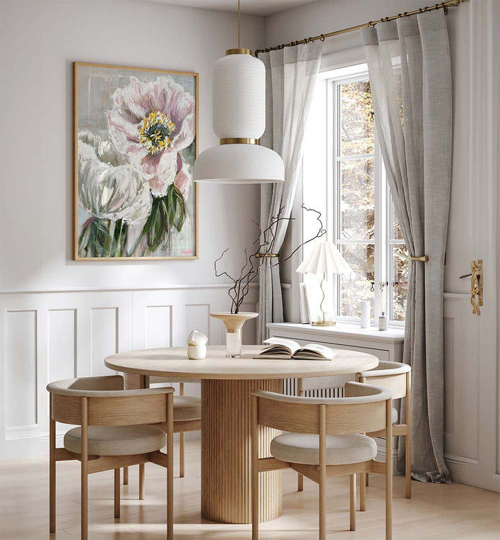 Delicate white and pink flowers in a stunning floral painting, perfect for enhancing any contemporary space.