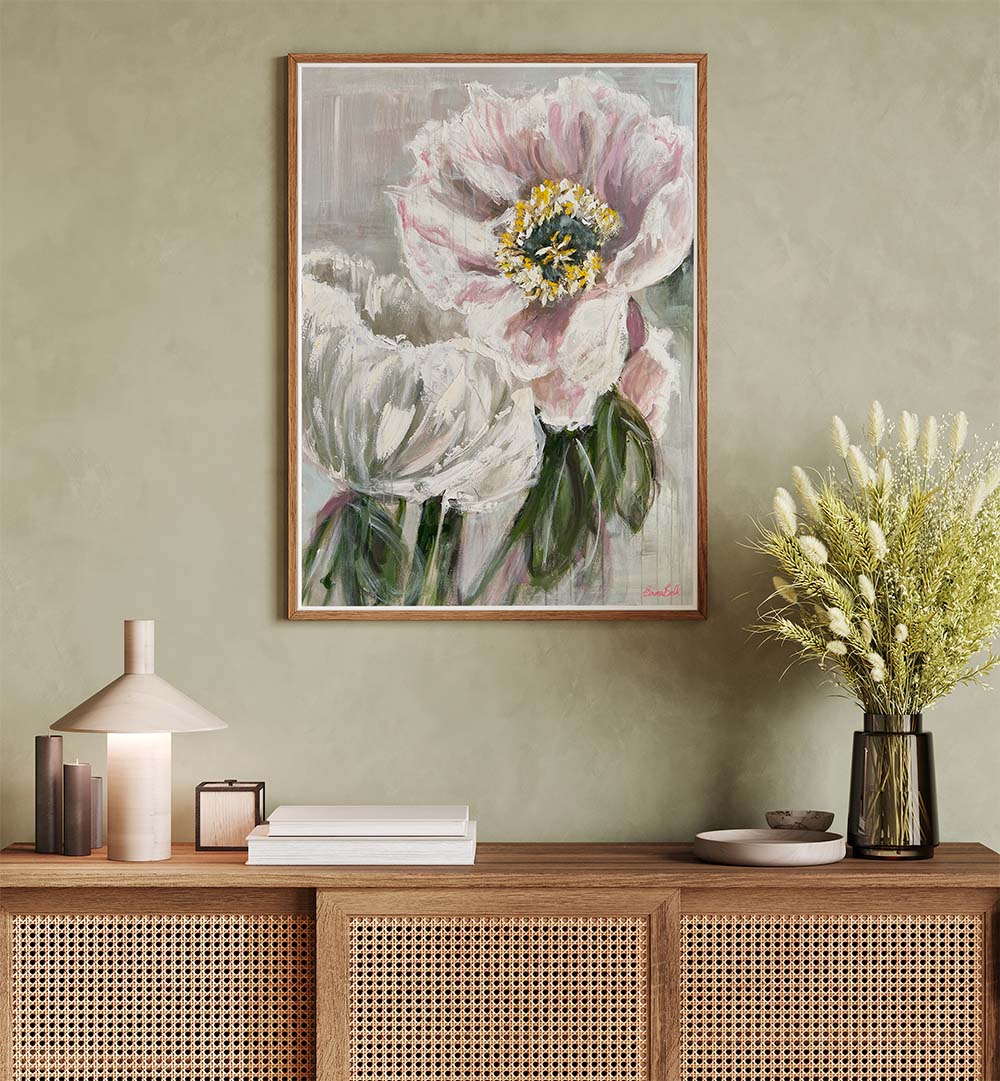 Delicate white and pink flowers in a stunning floral painting, perfect for contemporary art lovers.