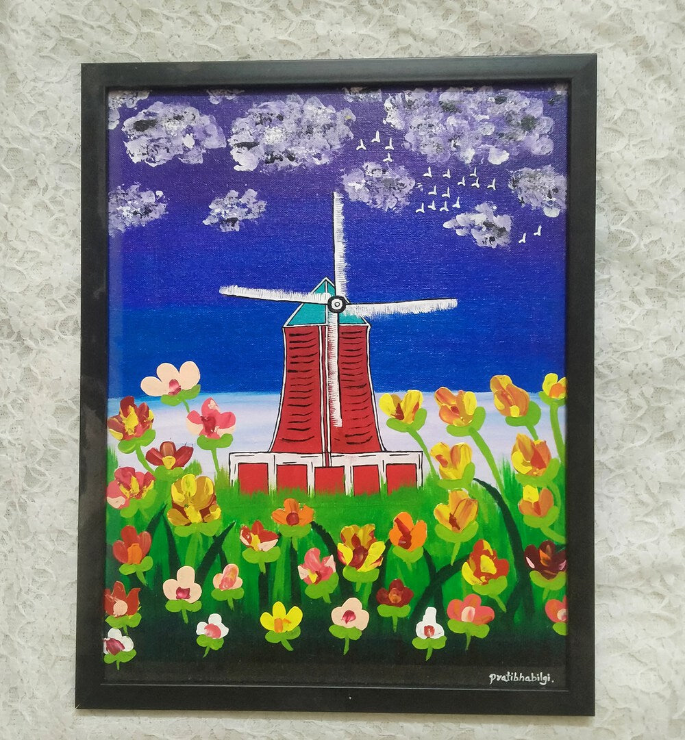 WINDMILL IN TULIPS GARDEN , HANDMADE ARTWORK