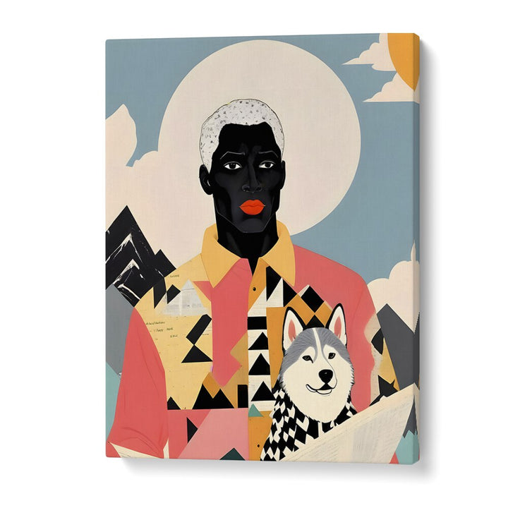 Stunning WINTER COMPANION, PORTRAITS artwork by Uma Gokhale, featuring a figure and a husky against a serene backdrop.