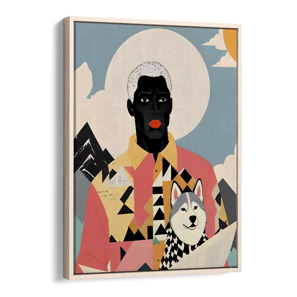 Uma Gokhale’s WINTER COMPANION, PORTRAITS art print features a striking figure with a husky, capturing winter’s charm.
