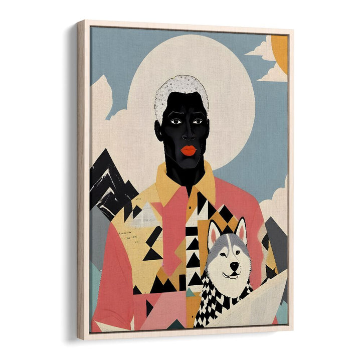 Uma Gokhale’s WINTER COMPANION, PORTRAITS art print features a striking figure with a husky, capturing winter’s charm.