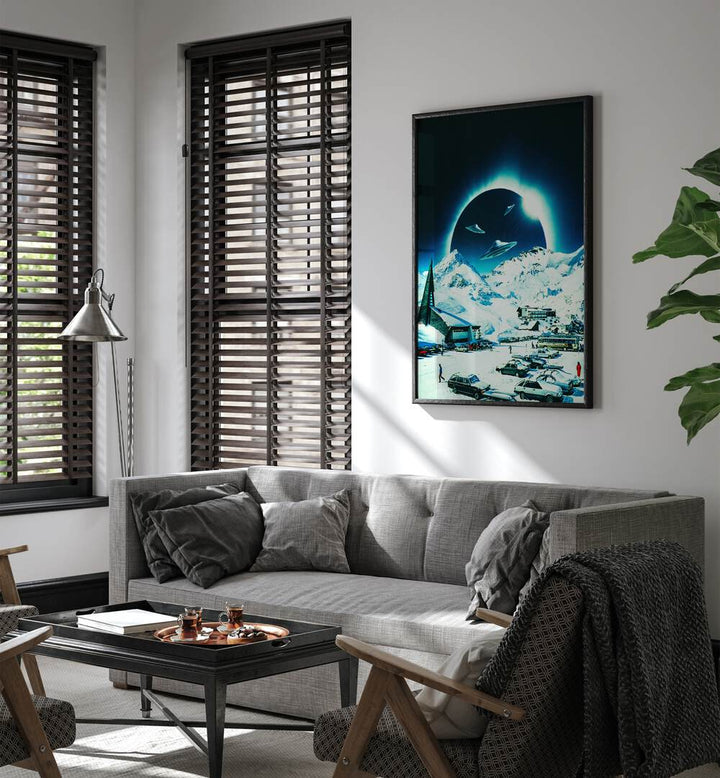 Stylish living room featuring WINTER ECLIPSE, SURREAL ART PRINTS by Taudalpoi, enhancing modern décor with surreal allure.