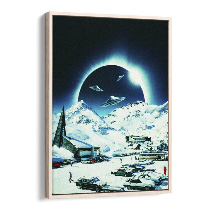 "WINTER ECLIPSE, SURREAL ART PRINTS by Taudalpoi, featuring a stunning surreal landscape with UFOs and snow-capped mountains."
