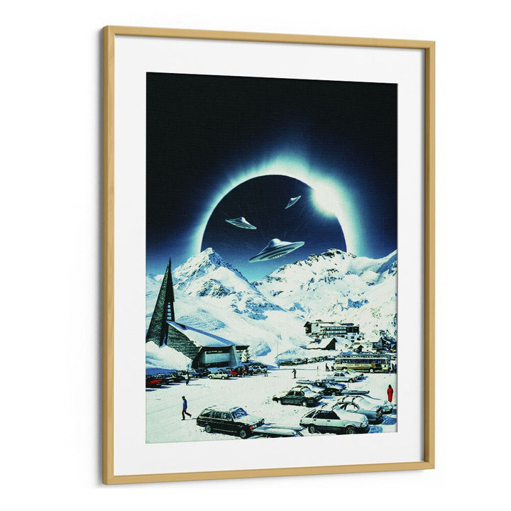 WINTER ECLIPSE, SURREAL ART PRINTS in oak frame showcases a stunning surreal landscape with a celestial theme.
